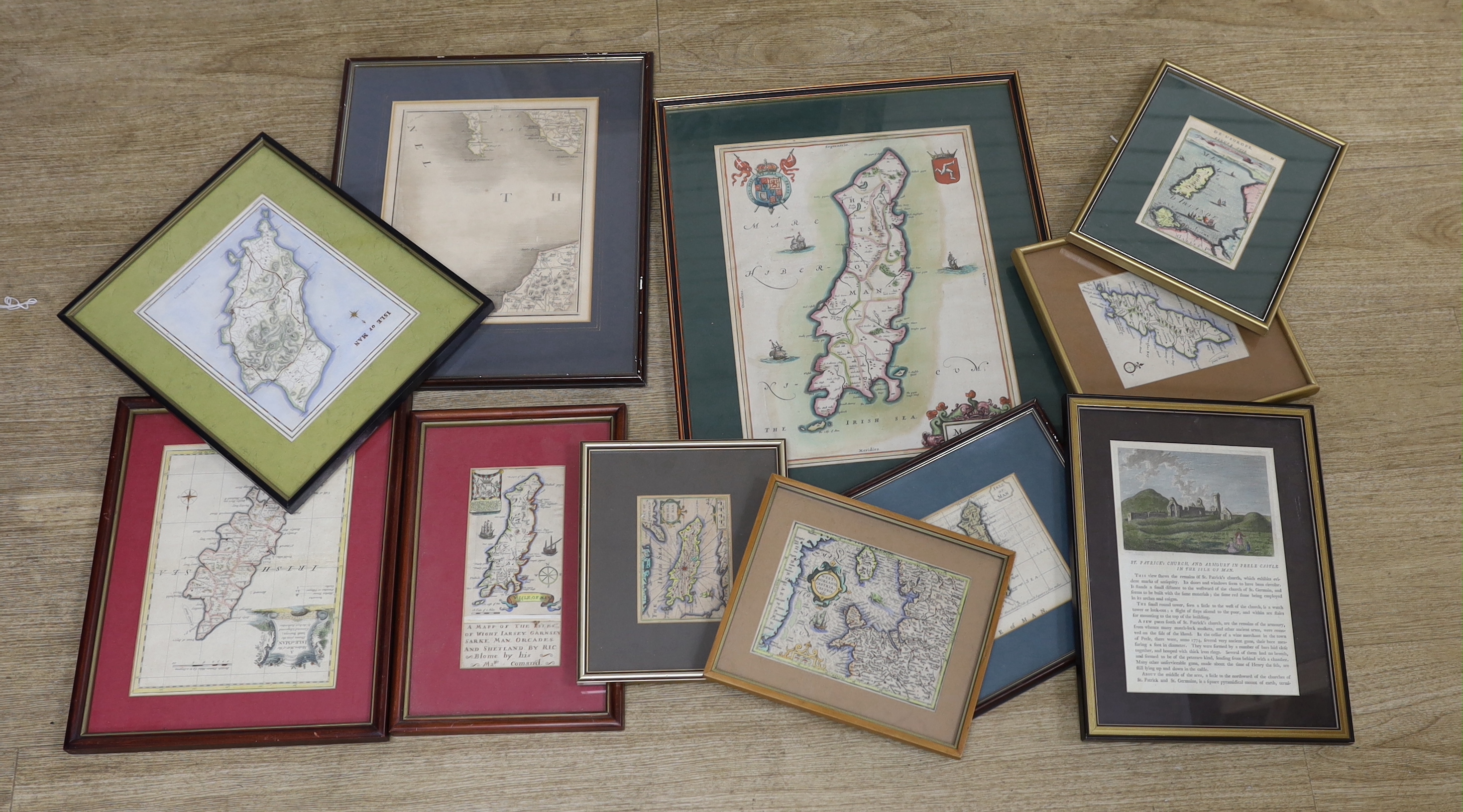 Twelve antique and later maps of the Isle of Man, including examples by Robert Sayer, Herman Moll and Richard Blome, mostly hand coloured, largest 38 x 28cm